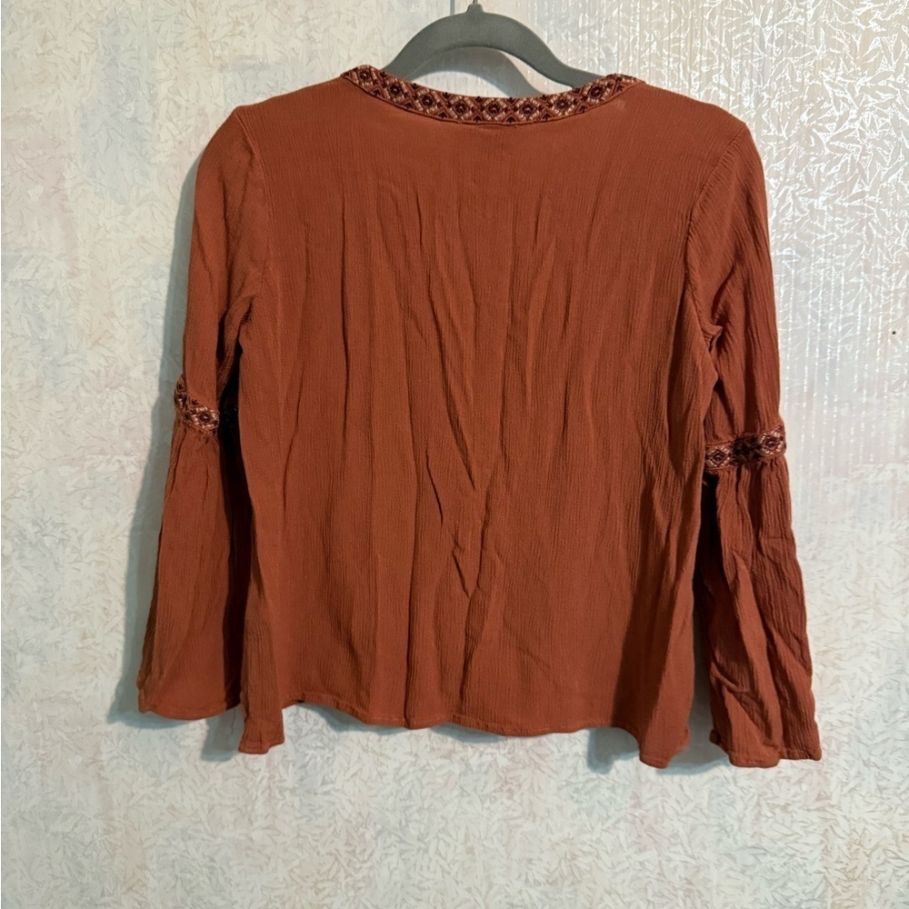 Aeropostale Terracotta Boho, Flared Sleeves, Tassel Tie Blouse Sz XS - Picture 2 of 9